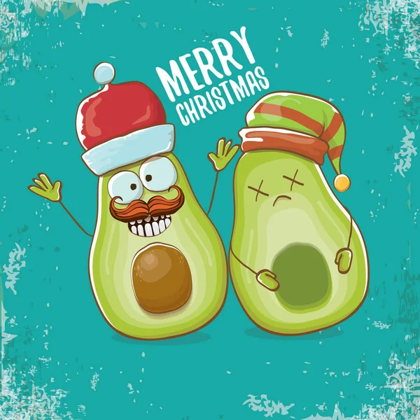 Vrolijk chirstmas vector funky wenskaart met kerstman avocado karakter en zijn elf vriend op azuurblauwe achtergrond. Vector grappig kerstfeest poster ontwerp sjabloon — Stockvector