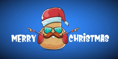 Vektör rock yıldızı Noel Baba komik çizgi film karakteri kırmızı Noel Baba şapkası ve kaligrafik mutlu noel metni ile mavi yatay arka planda izole edilmiş. Rock n roll Noel partisi afişi