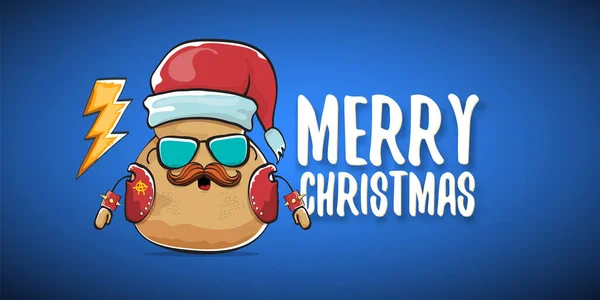 赤いサンタの帽子と青い水平線の背景に隔離された書道メリークリスマステキストとベクトルロックスターサンタポテト面白い漫画かわいいキャラクター。ロックnロールクリスマスパーティーバナー — ストックベクタ