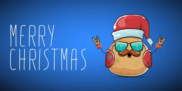 Vector rock star santa potato funny cartoon cute character with with red santa hat and calligraphic merry christmas text isolated on blue horizontal background. rock n roll christmas party banner — Stock Vector