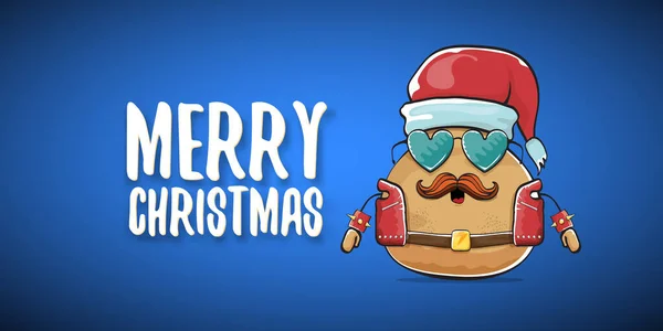 Vecteur rock star santa pomme de terre drôle personnage mignon de dessin animé avec chapeau santa rouge et texte calligraphique joyeux Noël isolé sur fond bleu horizontal. bannière de fête de Noël rock n roll — Image vectorielle