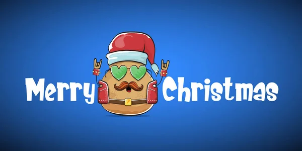 Vector rock ster santa aardappel grappige cartoon schattig karakter met rode santa hoed en kalligrafische vrolijke kerst tekst geïsoleerd op blauwe horizontale achtergrond. rock n roll kerstfeest banner — Stockvector