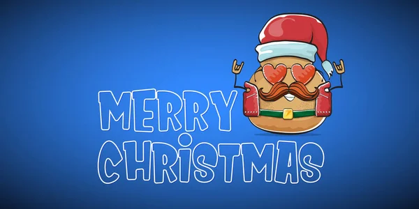 Vecteur rock star santa pomme de terre drôle personnage mignon de dessin animé avec chapeau santa rouge et texte calligraphique joyeux Noël isolé sur fond bleu horizontal. bannière de fête de Noël rock n roll — Image vectorielle