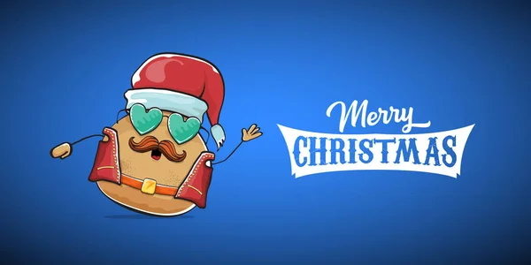 Vector rock star santa potato funny cartoon cute character with with red santa hat and calligraphic merry christmas text isolated on blue horizontal background. rock n roll christmas party banner — Stock Vector