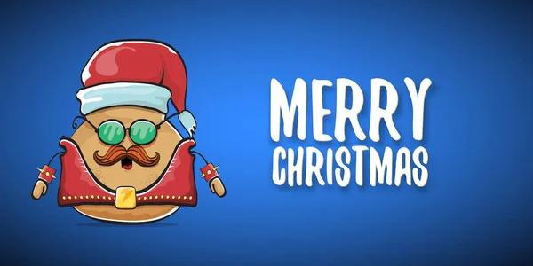 Векторная рок-звезда Санта-картофель смешной мультяшный персонаж с красной шляпой Санта-Клауса и каллиграфический весёлый рождественский текст изолирован на синем горизонтальном фоне. Рок-н-ролл рождественский баннер — стоковый вектор