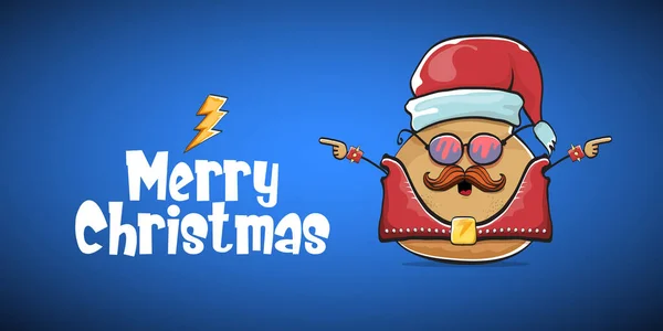 Векторная рок-звезда Санта-картофель смешной мультяшный персонаж с красной шляпой Санта-Клауса и каллиграфический весёлый рождественский текст изолирован на синем горизонтальном фоне. Рок-н-ролл рождественский баннер — стоковый вектор