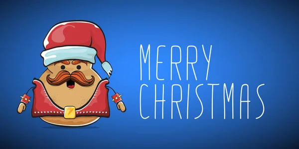 Vektor Rockstar Santa Potato lustige Cartoon niedliche Figur mit rotem Weihnachtsmann Hut und kalligrafische frohe Weihnachten Text isoliert auf blauem horizontalen Hintergrund. Rock n Roll Weihnachtsfeier Banner — Stockvektor