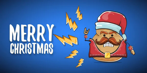 赤いサンタの帽子と青い水平線の背景に隔離された書道メリークリスマステキストとベクトルロックスターサンタポテト面白い漫画かわいいキャラクター。ロックnロールクリスマスパーティーバナー — ストックベクタ