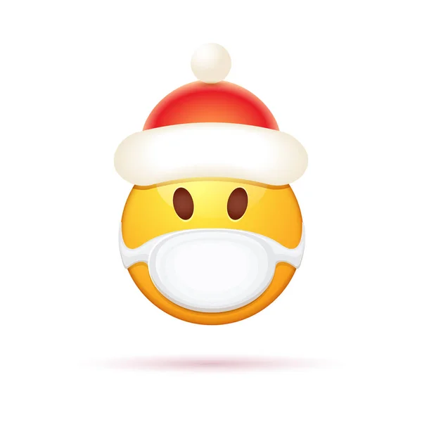 Pegatina Vector Emoji con máscara de protección médica en la boca y sombrero rojo de Santa Claus aislado sobre fondo blanco. Personaje amarillo de la cara de santa sonrisa con sombrero de Navidad y máscara de cirujano blanco. — Archivo Imágenes Vectoriales