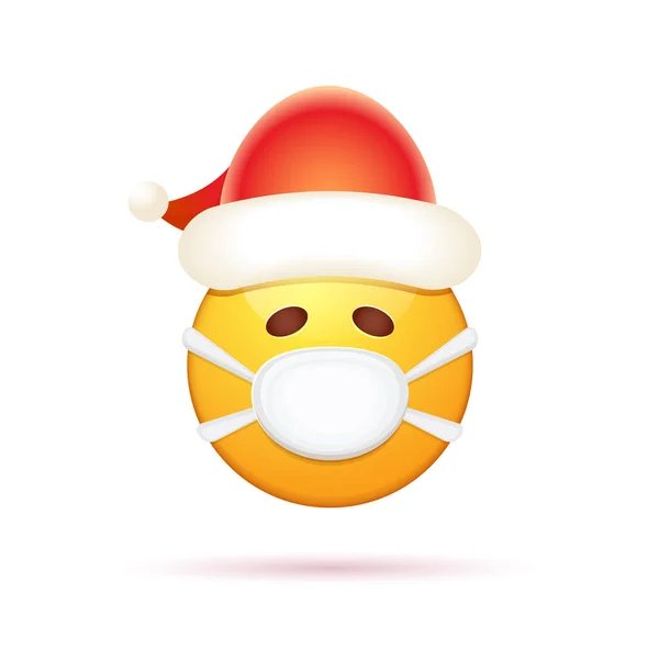 Pegatina Vector Emoji con máscara de protección médica en la boca y sombrero rojo de Santa Claus aislado sobre fondo blanco. Personaje amarillo de la cara de santa sonrisa con sombrero de Navidad y máscara de cirujano blanco. — Archivo Imágenes Vectoriales