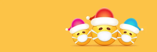 Vektor vánoční horizontální banner s funky Emoji samolepka s ústy lékařské ochranné masky a Santa Claus červený klobouk izolované na oranžovém pozadí. Žlutý Santa lékař úsměv tvář znaková sada — Stockový vektor
