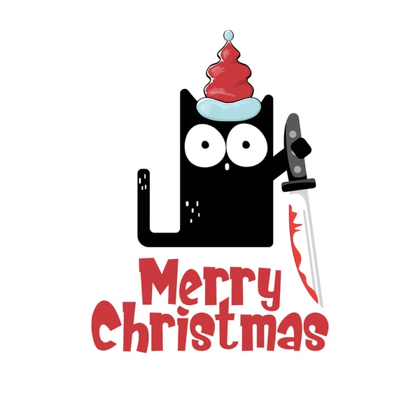 Tarjeta de felicitación de Feliz Navidad o pancarta con gato negro con sombrero de Santa sosteniendo hacha sangrienta aislada sobre fondo blanco. Gracioso gato negro de Navidad y hacha. Ilustración del concepto de Navidad — Vector de stock