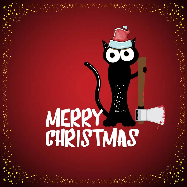 Feliz Navidad tarjeta de felicitación o pancarta con gato negro con sombrero de Santa sosteniendo hacha sangrienta aislado sobre fondo rojo. Gracioso gato negro de Navidad y hacha. Ilustración del concepto de Navidad — Vector de stock