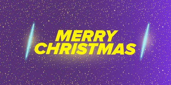 Frohe Weihnachten horizontal Banner mit Neon Gruß Text auf violettem Nachthimmel Hintergrund. Frohe Weihnachten Flyer, Karte oder Einladung mit Sternenraum und Text — Stockvektor