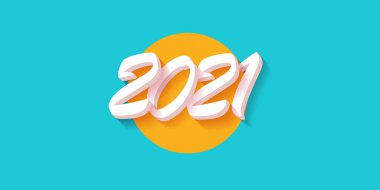 2021 Mutlu Yeni Yıl yaratıcı tasarım yatay afiş arkaplanı ya da mesajlı tebrik kartı. Gök mavisi soyut arkaplanda izole edilmiş gölgesi olan 2021 yeni yıl sayısı