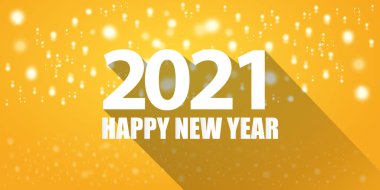 2021 Mutlu yıllar yatay afiş arkaplanı ya da mesajlı tebrik kartı. 2021 yeni yıl vektörü turuncu yatay arkaplan üzerinde izole edilmiş ışıklar