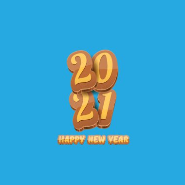 Çizgi film 2021 Mutlu Yıllar etiketi ya da renkli numaralar ve tebrik mesajlarıyla dolu tebrik kartı. Mavi arkaplanda izole edilmiş yeni yıl etiketi veya simgesi