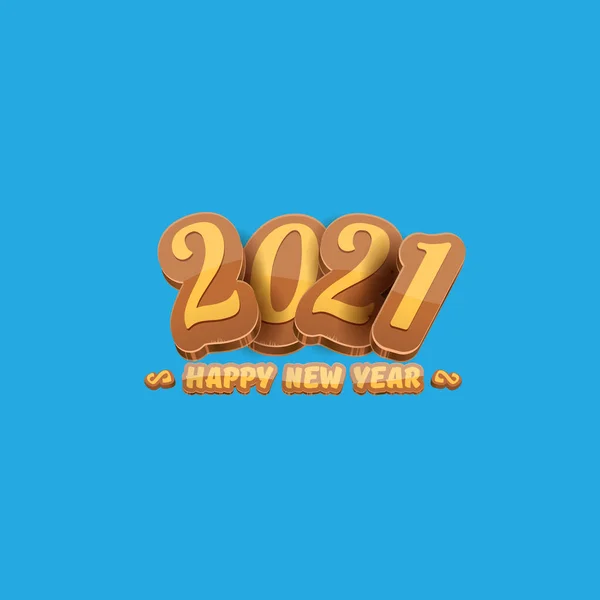 Rajzfilm 2021 Boldog új évet címke vagy üdvözlőlapot színes számokat és üdvözlő szöveget. Boldog új évet címke vagy ikon elszigetelt kék alapon — Stock Vector