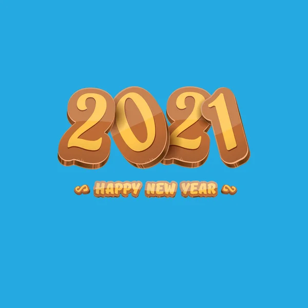 Cartoon 2021 Happy new year label or greeting card with colorful numbers and greeting text. Happy new year label or icon isolated on blue background — Stock Vector