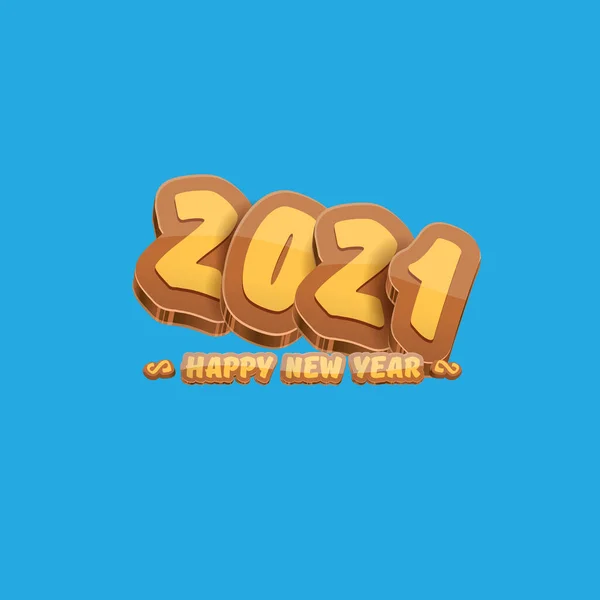 Cartoon 2021 Gelukkig nieuwjaarslabel of wenskaart met kleurrijke nummers en begroetingstekst. Gelukkig nieuwjaar label of icoon geïsoleerd op blauwe achtergrond — Stockvector