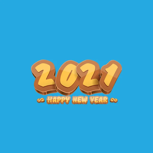 卡通2021新年快乐标签或贺卡与彩色的数字和问候文字。快乐新年标签或蓝色背景的图标 — 图库矢量图片