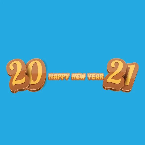 Γελοιογραφία 2021 Ευτυχισμένο το νέο έτος ετικέτα ή ευχετήρια κάρτα με πολύχρωμους αριθμούς και χαιρετισμό κείμενο. Ευτυχισμένο το νέο έτος ετικέτα ή εικονίδιο που απομονώνονται σε μπλε φόντο — Διανυσματικό Αρχείο
