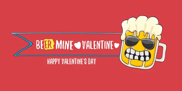 Cerveja mina valentines vetor valentines saudando bandeira horizontal com personagem de desenho animado de vidro de cerveja isolado no fundo vermelho. Vector adulto dia dos namorados festa cartaz modelo de design — Vetor de Stock