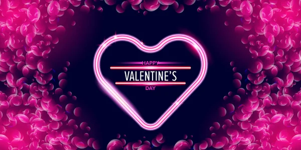 Walentynki witając poziomą tabliczkę z różowym neonowym sercem i świecącymi różowymi płatkami wyizolowanymi na tle. Walentynki plakat lub kartka z pozdrowieniami o błyszczącym różowym układzie i pięknym sercu — Wektor stockowy