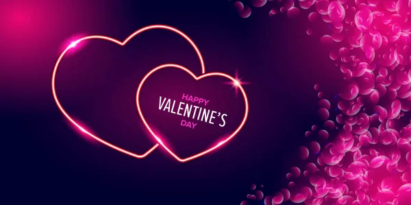 San Valentín saludo banner horizontal con corazón de neón rosa y brillantes pétalos rosados aislados en el fondo. Cartel del día de San Valentín o tarjeta de felicitación con diseño rosa brillante y hermoso corazón — Vector de stock