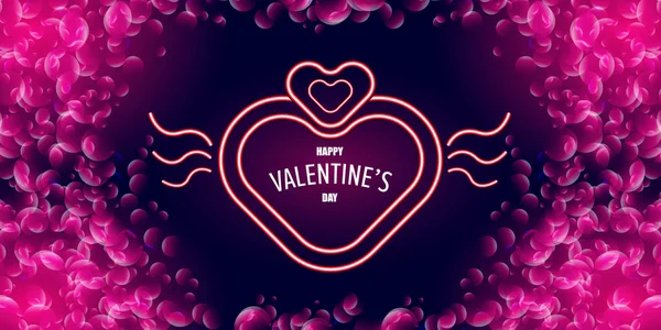 День святого Валентина приветствие горизонтальный баннер с розовым неоновым сердцем и светящиеся розовые лепестки изолированы на заднем плане. Плакат на день Святого Валентина или открытка с блестящей розовой планировкой и красивым сердцем — стоковый вектор