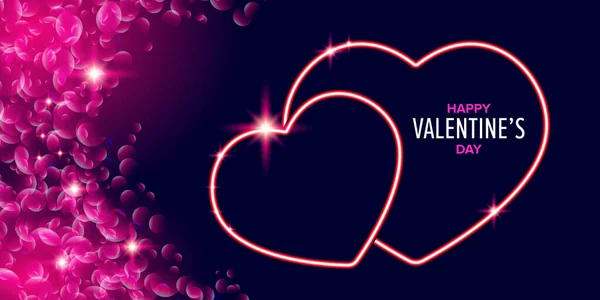 Valentines saluant bannière horizontale avec coeur néon rose et pétales rose brillant isolés sur fond. Affiche de la Saint-Valentin ou carte de vœux avec disposition rose brillant et beau cœur — Image vectorielle