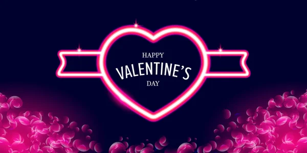 Valentýn pozdrav horizontální prapor s růžovým neonovým srdcem a zářící růžové okvětní lístky izolované na pozadí. Valentýn plakát nebo přání s lesklé růžové dispozice a krásné srdce — Stockový vektor