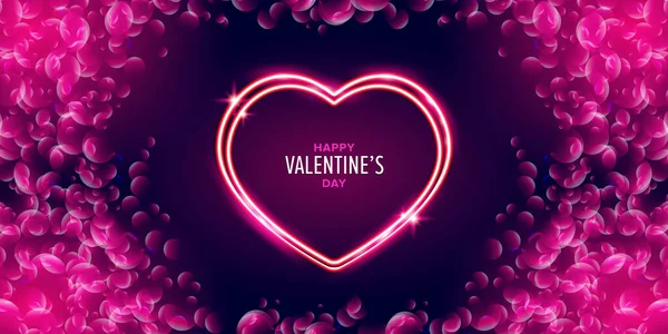 Valentines day greeting horizontal banner with pink neon heart and glowing pink petals isolated on background. Valentines day poster or greeting card with shiny pink layout and beautiful heart — Stock Vector