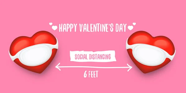 Feliz día de San Valentín saludo pancarta horizontal con dos corazones con máscara de protección facial y 6 pies de texto de prevención de distanciamiento social — Archivo Imágenes Vectoriales