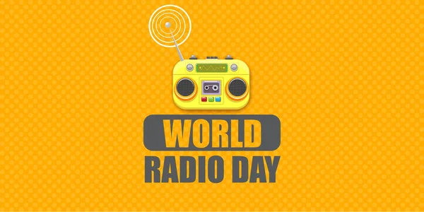 Παγκόσμια ημέρα ραδιοφώνου οριζόντια πανό με vintage παλιό πορτοκαλί στερεοφωνικό κασετόφωνο απομονώνονται σε πορτοκαλί φόντο. Κινούμενα σχέδια funky hipster Radio ημέρα πανό ή αφίσα — Διανυσματικό Αρχείο