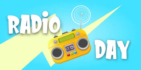 Světový rozhlasový horizontální prapor s klasickým starým oranžovým kazetovým stereo přehrávačem izolovaným na modrém pozadí. Cartoon funky hipster Radio day banner or poster — Stockový vektor