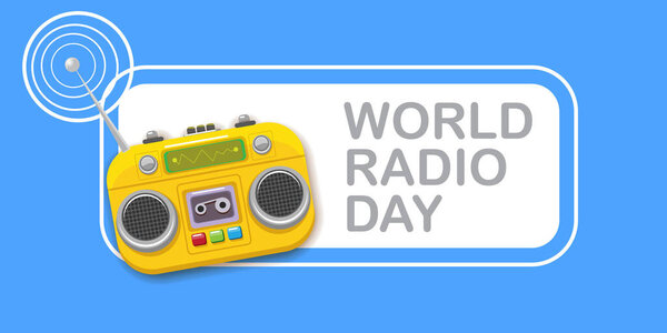 Banner horizontal del Día Mundial de la Radio con un viejo reproductor de cassette naranja estéreo aislado sobre fondo azul. Dibujos animados funky hipster Radio banner día o cartel — Vector de stock