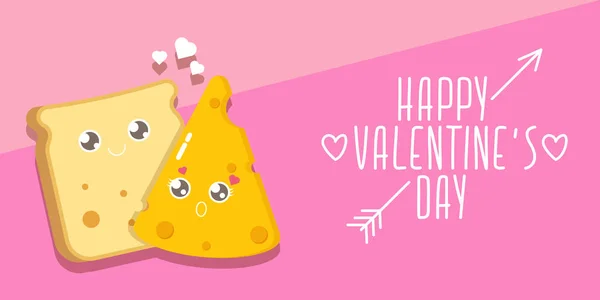 Vector cartoon cute bread man character with cheese girl character isolated on pink background. valentines day comic funky kids poster or horizontal banner with funky food couple. Better together — Stock Vector