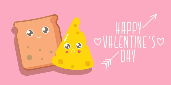 Vettore cartone animato carino pane uomo personaggio con formaggio ragazza personaggio isolato su sfondo rosa. poster per bambini funky di San Valentino o banner orizzontale con coppia di cibo funky. Meglio insieme. — Vettoriale Stock