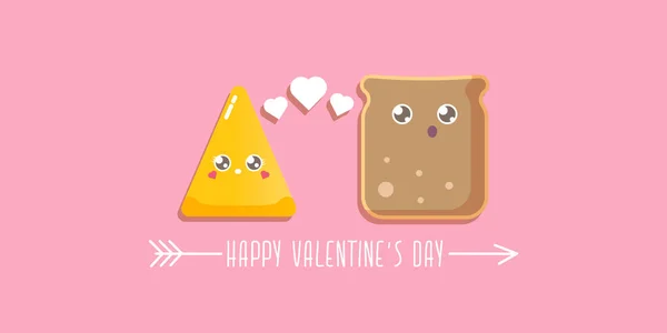 Vettore cartone animato carino pane uomo personaggio con formaggio ragazza personaggio isolato su sfondo rosa. poster per bambini funky di San Valentino o banner orizzontale con coppia di cibo funky. Meglio insieme. — Vettoriale Stock