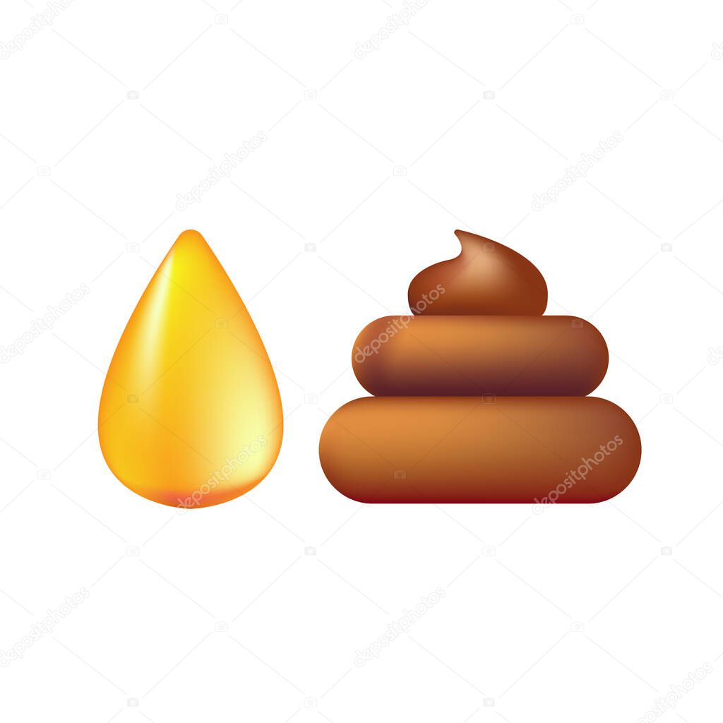 Cute orange urine pee drop and poop icons isolated on white background. Pile of poo and urine sticker set