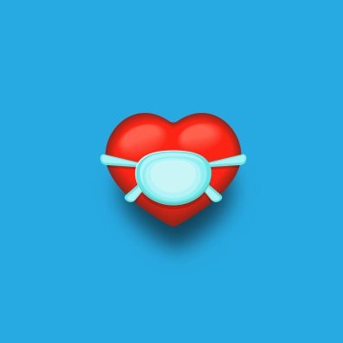 Mavi ağızlı kırmızı kalp vektörü yüz maskesi mavi arka planda. Sevgililer Günü kırmızı kalp etiketi ve tıbbi maske tasarım elementi