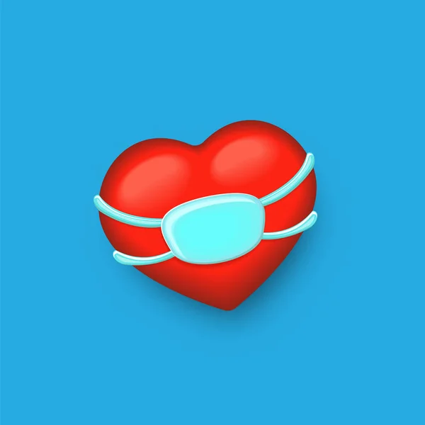 Vecteur coeur rouge 3d avec masque de protection de la bouche bleu isolé sur fond bleu. Sticker coeur rouge Saint Valentin avec élément de conception de masque médical — Image vectorielle