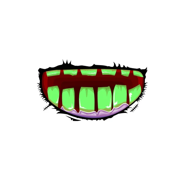 Vector cartoon funny zombie monster mouth with rotten teeth isolated on white background. Vector happy Halloween kids t-shirt design template with funky monster mouth — Stock Vector