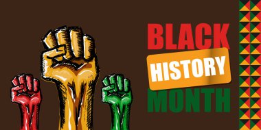 Vector black history month horizontal banner or poster with black man fist isolated on brown background. clipart