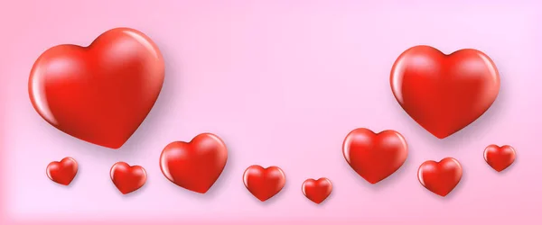 वेक्टर वेलेंटाइन डे क्षैतिज बैनर या पृष्ठभूमि के साथ लाल वेक्टर वास्तविक दिल नरम गुलाबी कागज पृष्ठभूमि पर अलग — स्टॉक वेक्टर