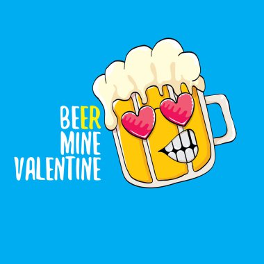 Bira madeni sevgililer günü kartı vektör kartviziti ve mavi arka planda izole edilmiş bira camı çizgi film karakteri. Vektör yetişkin sevgililer günü partisi afiş tasarımı şablonu ve komik slogan