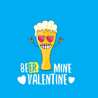 Bira madeni sevgililer günü kartı vektör kartviziti ve mavi arka planda izole edilmiş bira camı çizgi film karakteri. Vektör yetişkin sevgililer günü partisi afiş tasarımı şablonu ve komik slogan
