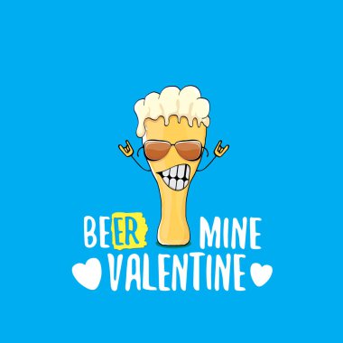 Bira madeni sevgililer günü kartı vektör kartviziti ve mavi arka planda izole edilmiş bira camı çizgi film karakteri. Vektör yetişkin sevgililer günü partisi afiş tasarımı şablonu ve komik slogan