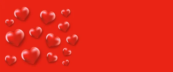 Vector valentines banner horizontal día o fondo con el vector rojo corazones realistas aislados sobre fondo de papel rojo — Vector de stock